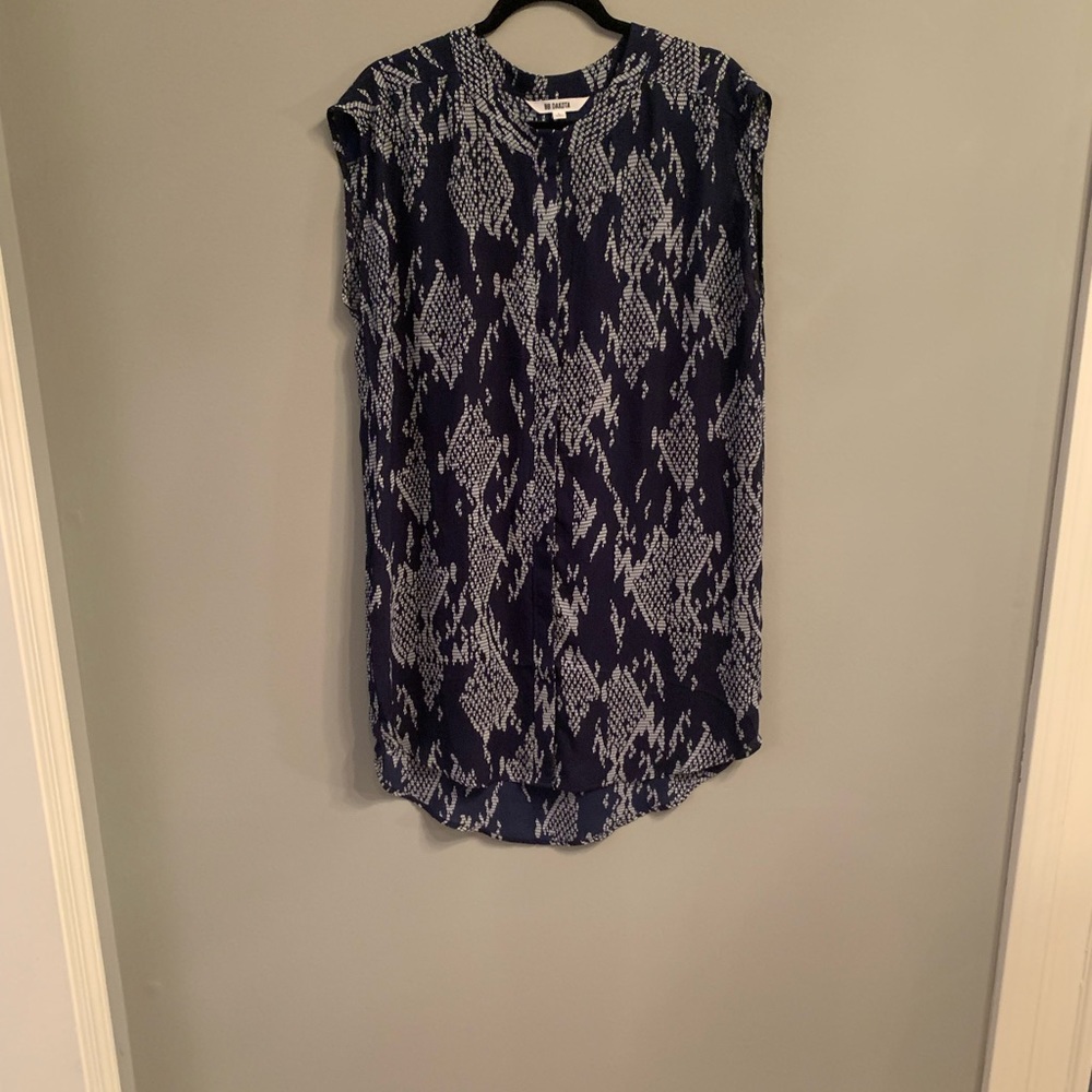 Navy and white patterned button down dress